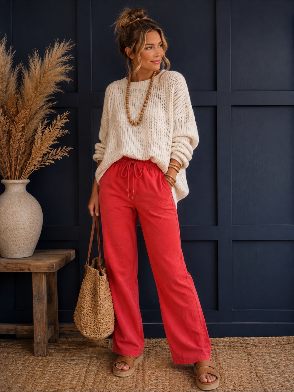 NWT Love Tree Linen Blend Pants Large Nantucket Red